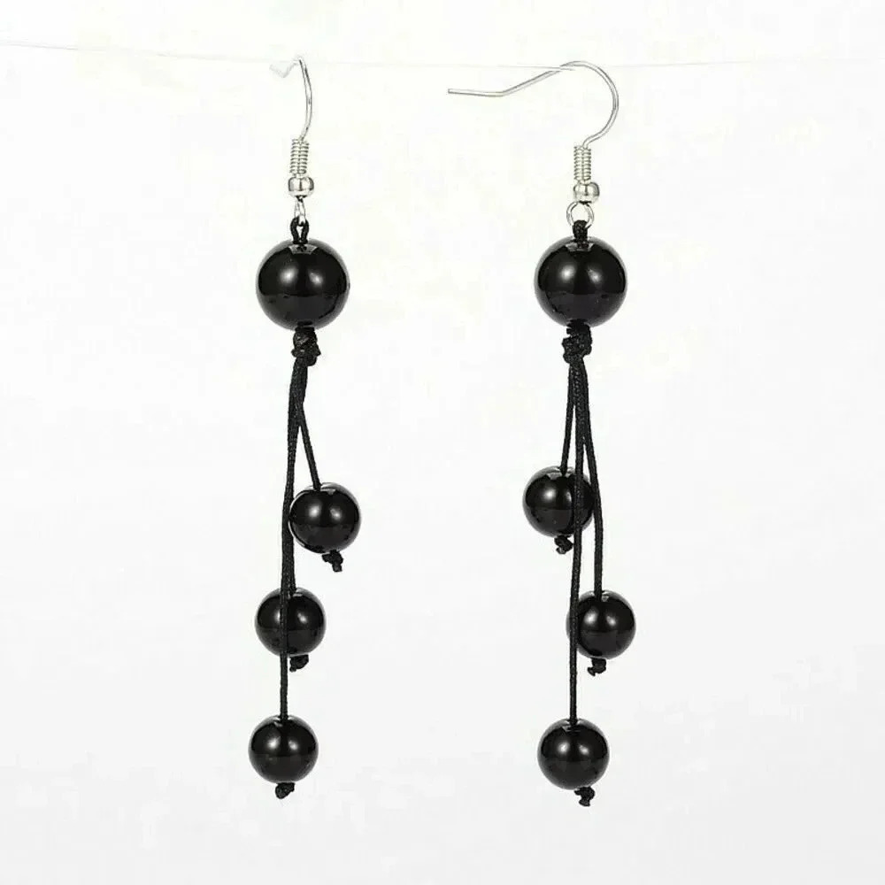 Natural Black Onyx Gemstone Black Silk Thread Knotted Dangle Earrings